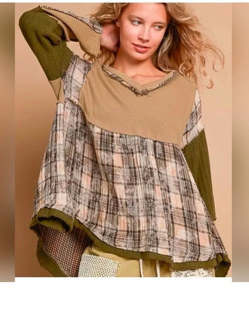 POL Patchwork Knit Woven Bohemian  Shirt Size small